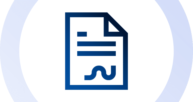 Icon of a document with text lines and a signature, surrounded by a blue circular gradient border.