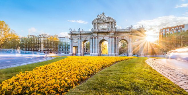 A large stone gate with three arches, surrounded by yellow flowers and green grass, with sunlight streaming through and buildings in the background.
